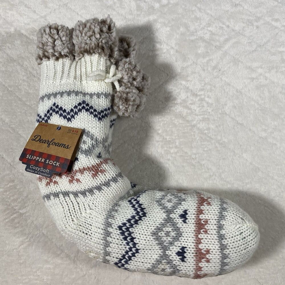 Dearfoam Slipper Socks Sherpa Lined Poms Faux Fur Fair Isle Women's Sz 4-10 NWT